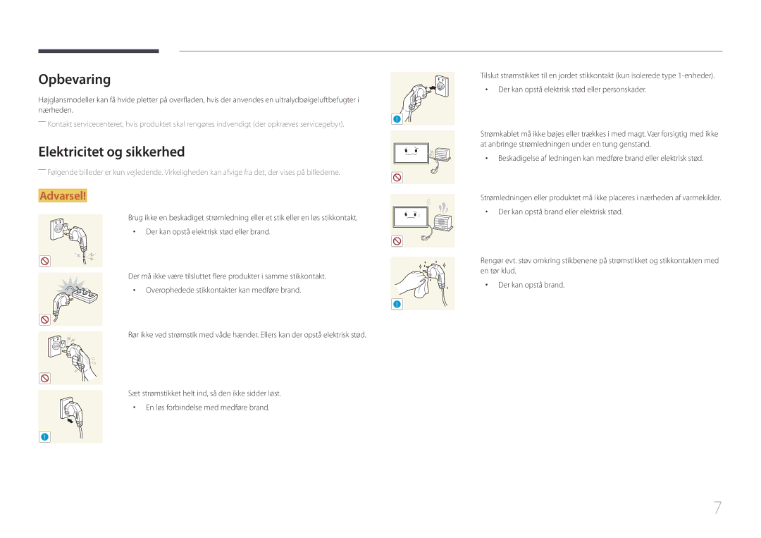 Samsung LH65EDCPLBC/EN, LH75EDCPLBC/EN, LH65EDCPRBC/EN manual Opbevaring, Elektricitet og sikkerhed 