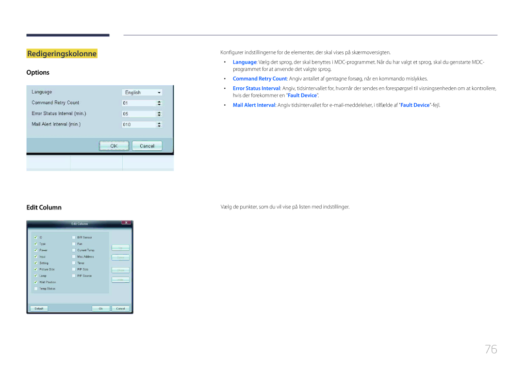 Samsung LH65EDCPLBC/EN, LH75EDCPLBC/EN, LH65EDCPRBC/EN manual Redigeringskolonne, Options Edit Column 