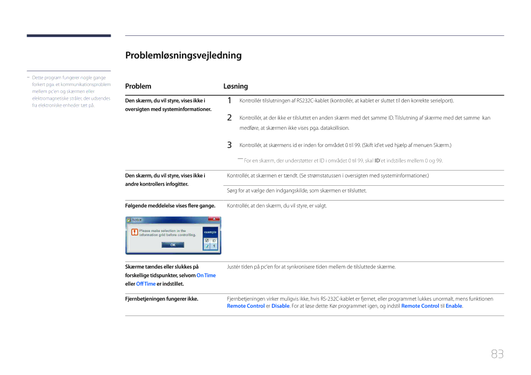 Samsung LH65EDCPRBC/EN, LH75EDCPLBC/EN, LH65EDCPLBC/EN manual Problemløsningsvejledning, Problem Løsning 