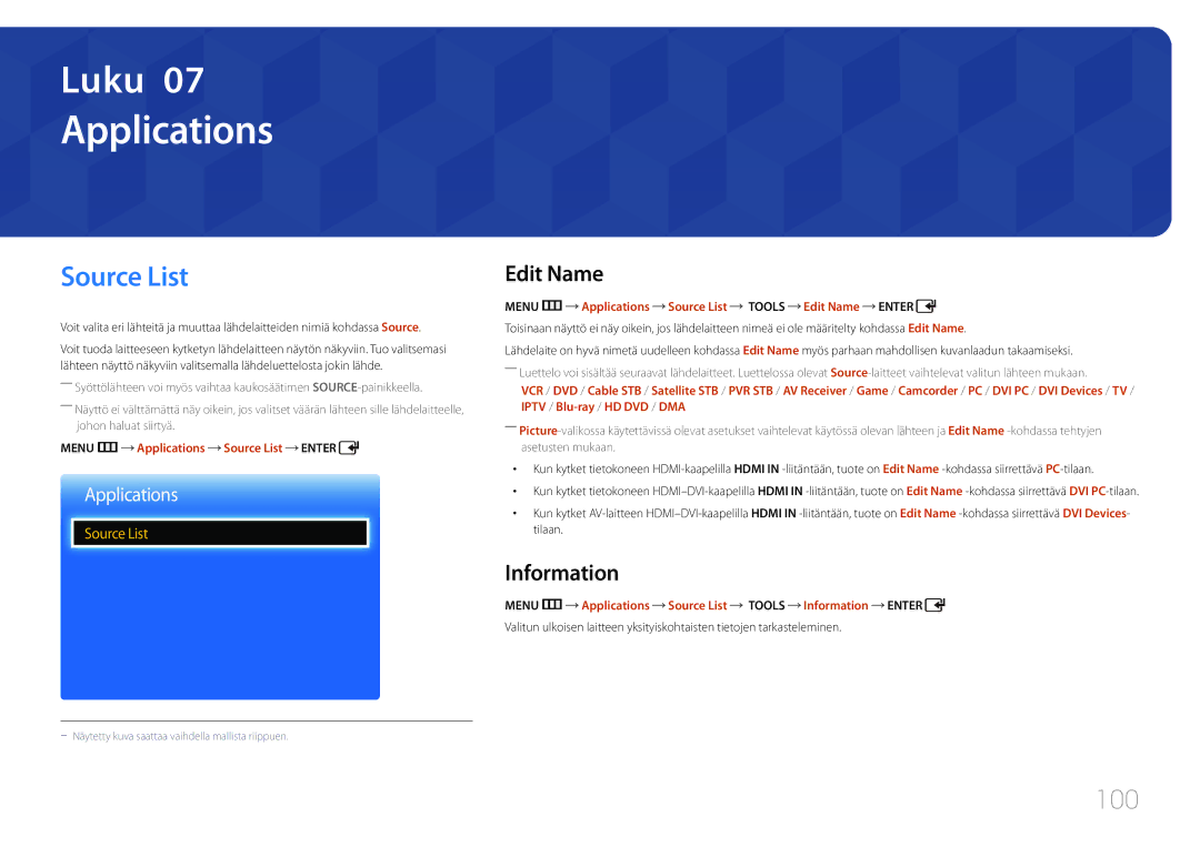 Samsung LH65EDCPLBC/EN, LH75EDCPLBC/EN, LH65EDCPRBC/EN manual Source List, 100, Edit Name, Information, Applications 