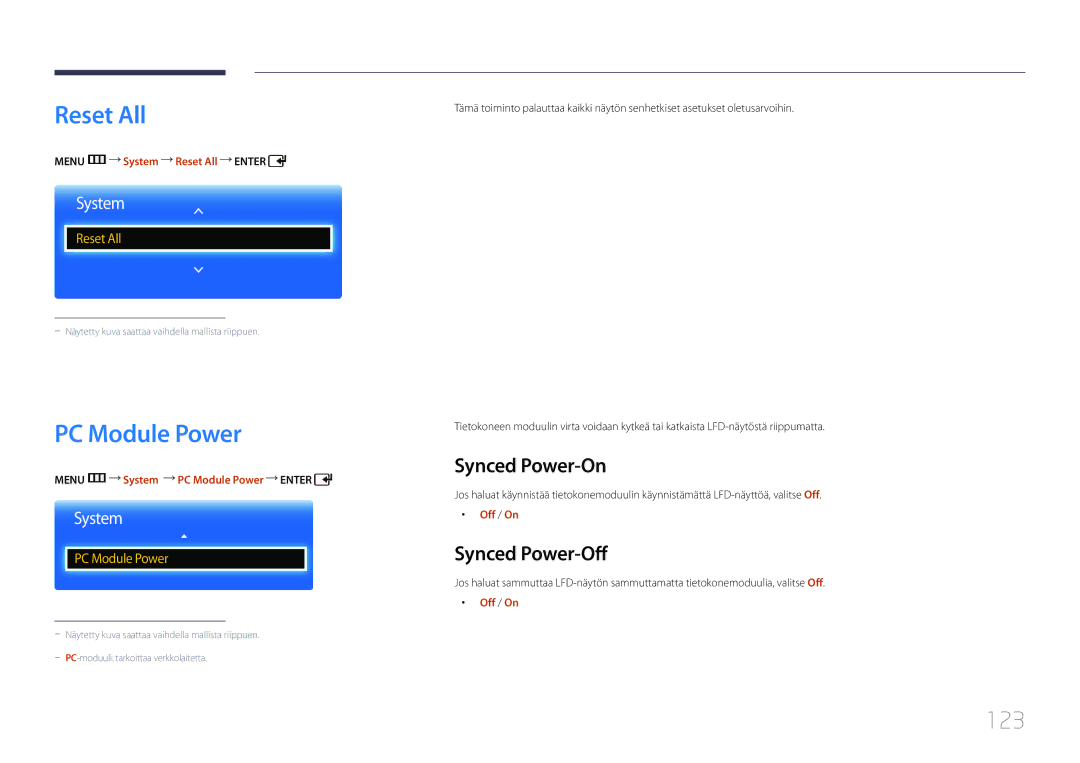 Samsung LH75EDCPLBC/EN, LH65EDCPLBC/EN, LH65EDCPRBC/EN Reset All, PC Module Power, 123, Synced Power-On, Synced Power-Off 