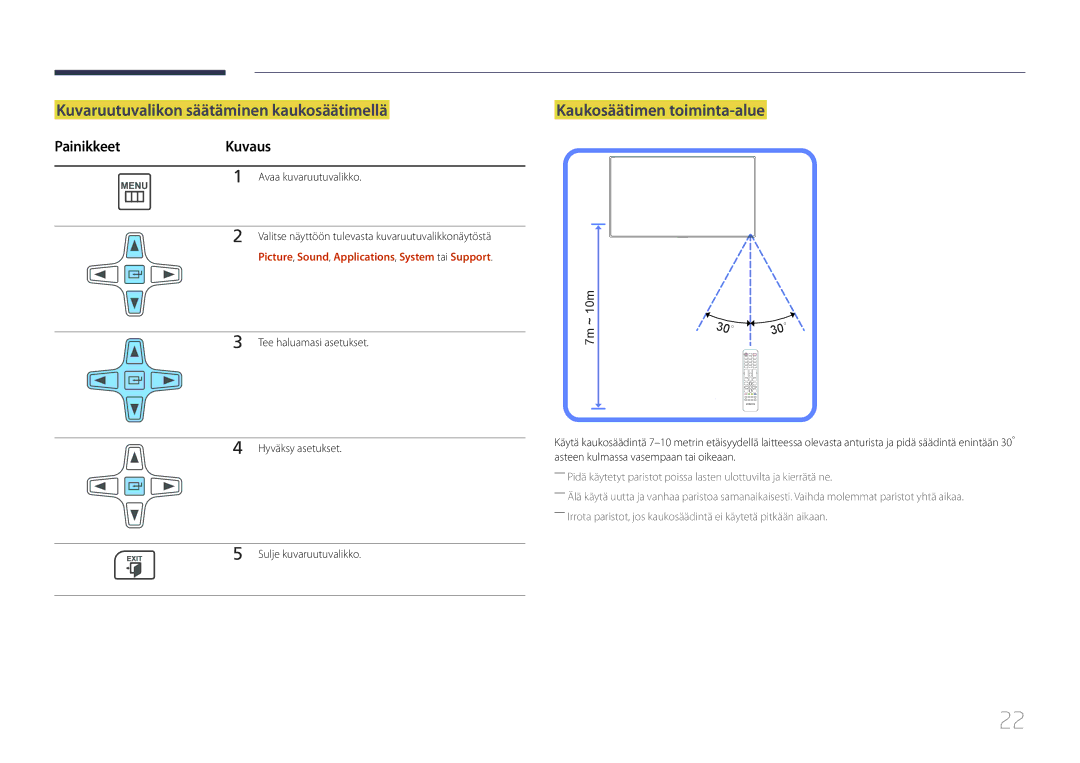 Samsung LH65EDCPLBC/EN manual Kuvaruutuvalikon säätäminen kaukosäätimellä, Kaukosäätimen toiminta-alue, PainikkeetKuvaus 