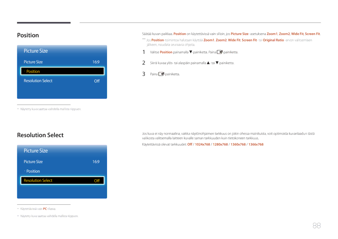 Samsung LH65EDCPLBC/EN, LH75EDCPLBC/EN, LH65EDCPRBC/EN Resolution Select, Picture Size 169 · Position, Painiketta 