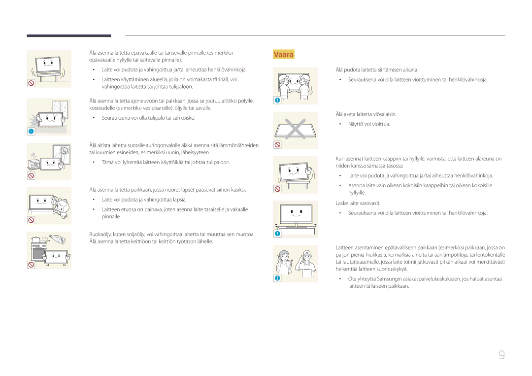 Samsung LH75EDCPLBC/EN, LH65EDCPLBC/EN, LH65EDCPRBC/EN manual Laite voi pudota ja vahingoittaa lapsia, Pinnalle 