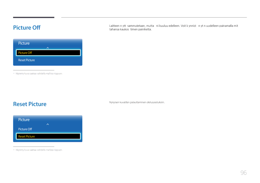 Samsung LH75EDCPLBC/EN, LH65EDCPLBC/EN, LH65EDCPRBC/EN manual Picture Off, Reset Picture 