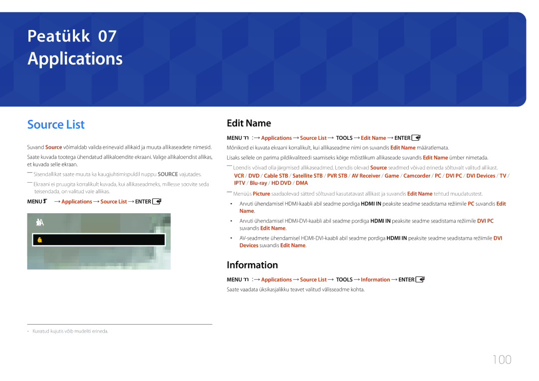 Samsung LH65EDCPLBC/EN, LH75EDCPLBC/EN, LH65EDCPRBC/EN manual Applications, Source List, 100, Edit Name, Information 