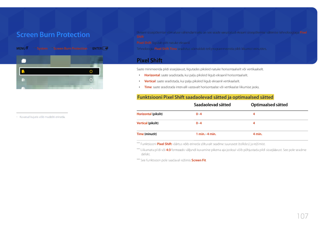 Samsung LH65EDCPRBC/EN, LH75EDCPLBC/EN Screen Burn Protection, 107, Pixel Shift, Saadaolevad sätted Optimaalsed sätted 