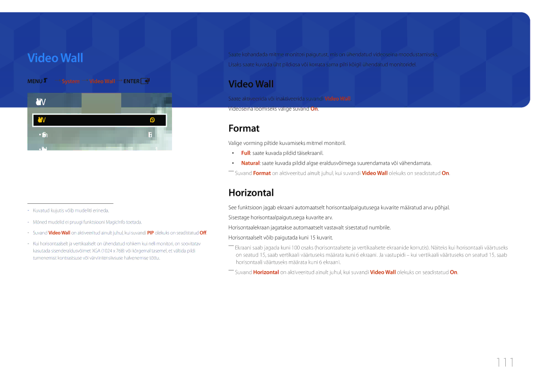 Samsung LH75EDCPLBC/EN, LH65EDCPLBC/EN, LH65EDCPRBC/EN manual Video Wall, 111, Format, Horizontal 