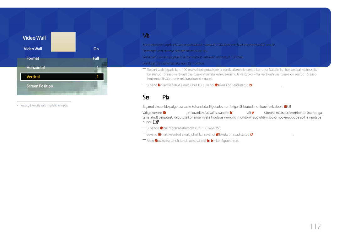 Samsung LH65EDCPLBC/EN, LH75EDCPLBC/EN manual 112, Vertical, Screen Position, Video Wall · Format Full · Horizontal 