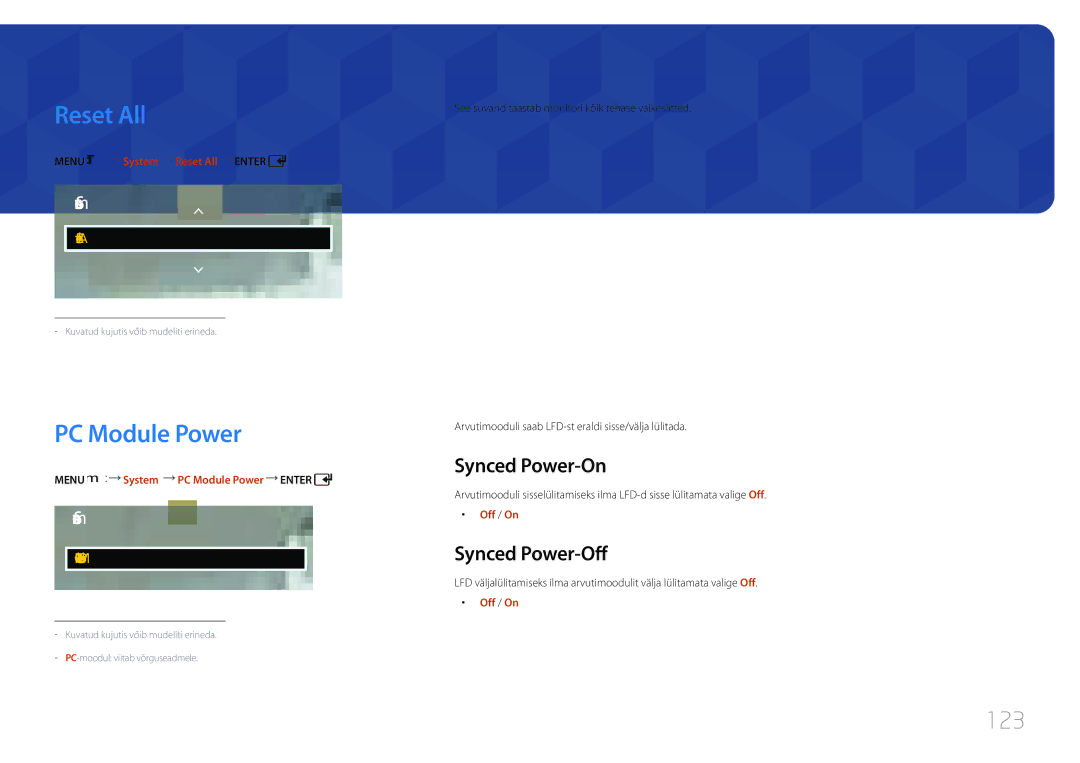 Samsung LH75EDCPLBC/EN, LH65EDCPLBC/EN, LH65EDCPRBC/EN Reset All, PC Module Power, 123, Synced Power-On, Synced Power-Off 