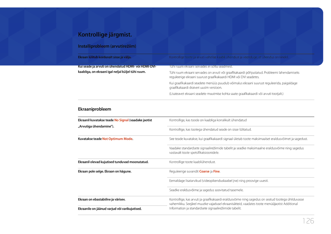 Samsung LH75EDCPLBC/EN, LH65EDCPLBC/EN manual 126, Kontrollige järgmist, Installiprobleem arvutirežiim, Ekraaniprobleem 