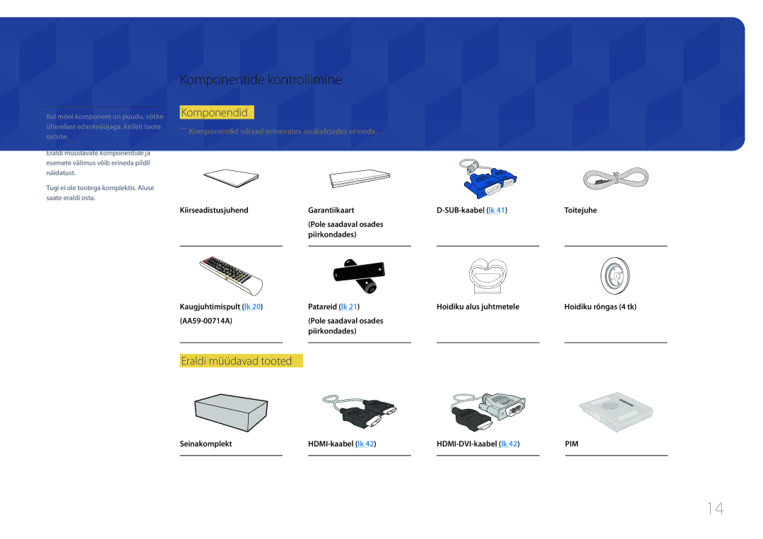 Samsung LH65EDCPRBC/EN, LH75EDCPLBC/EN, LH65EDCPLBC/EN manual Komponentide kontrollimine, Komponendid, Eraldi müüdavad tooted 