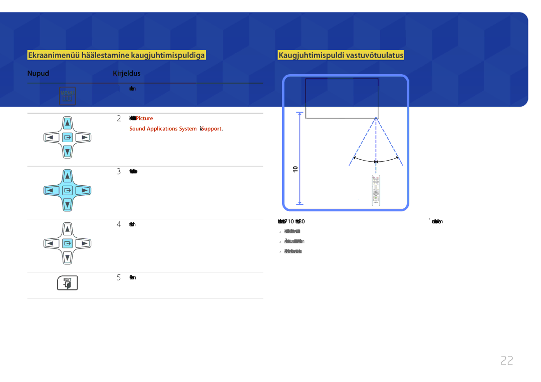 Samsung LH65EDCPLBC/EN Ekraanimenüü häälestamine kaugjuhtimispuldiga, Kaugjuhtimispuldi vastuvõtuulatus, NupudKirjeldus 