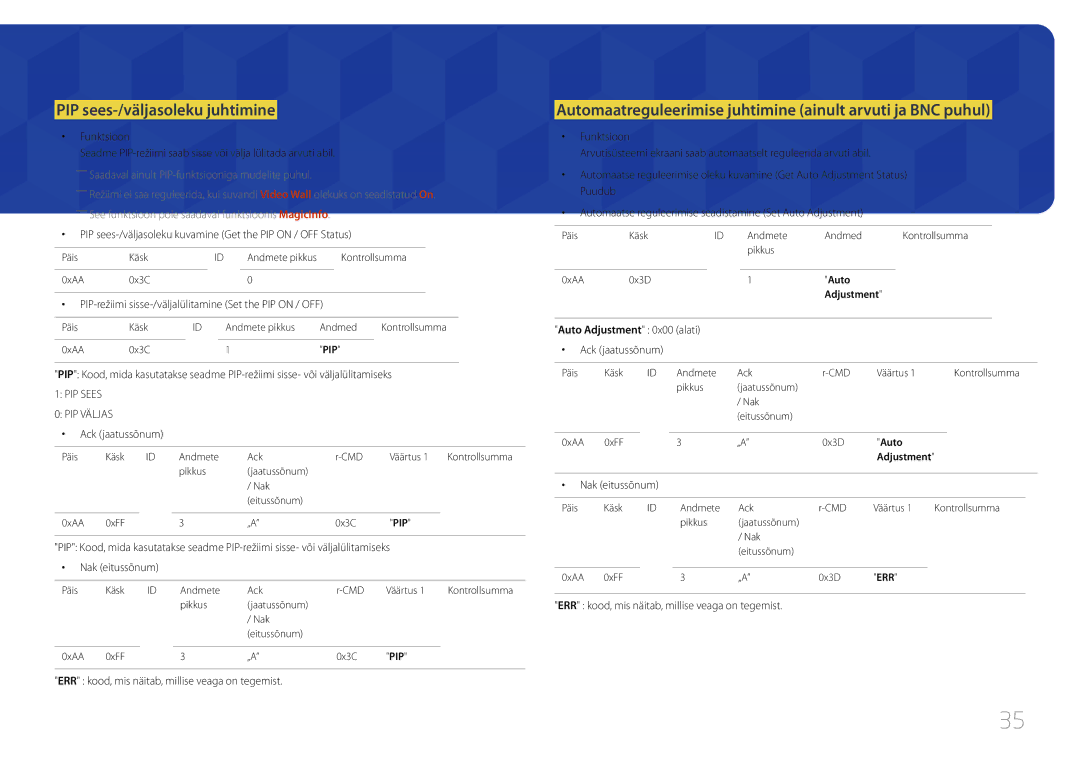 Samsung LH65EDCPRBC/EN manual PIP sees-/väljasoleku juhtimine, Automaatreguleerimise juhtimine ainult arvuti ja BNC puhul 