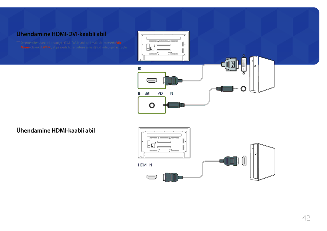 Samsung LH75EDCPLBC/EN, LH65EDCPLBC/EN, LH65EDCPRBC/EN manual Ühendamine HDMI-DVI-kaabli abil, Ühendamine HDMI-kaabli abil 