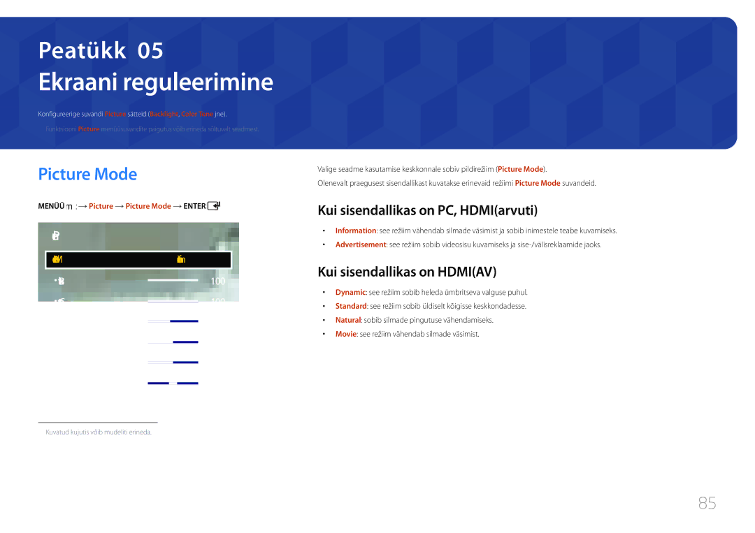 Samsung LH65EDCPLBC/EN, LH75EDCPLBC/EN manual Ekraani reguleerimine, Picture Mode, Kui sisendallikas on PC, HDMIarvuti 