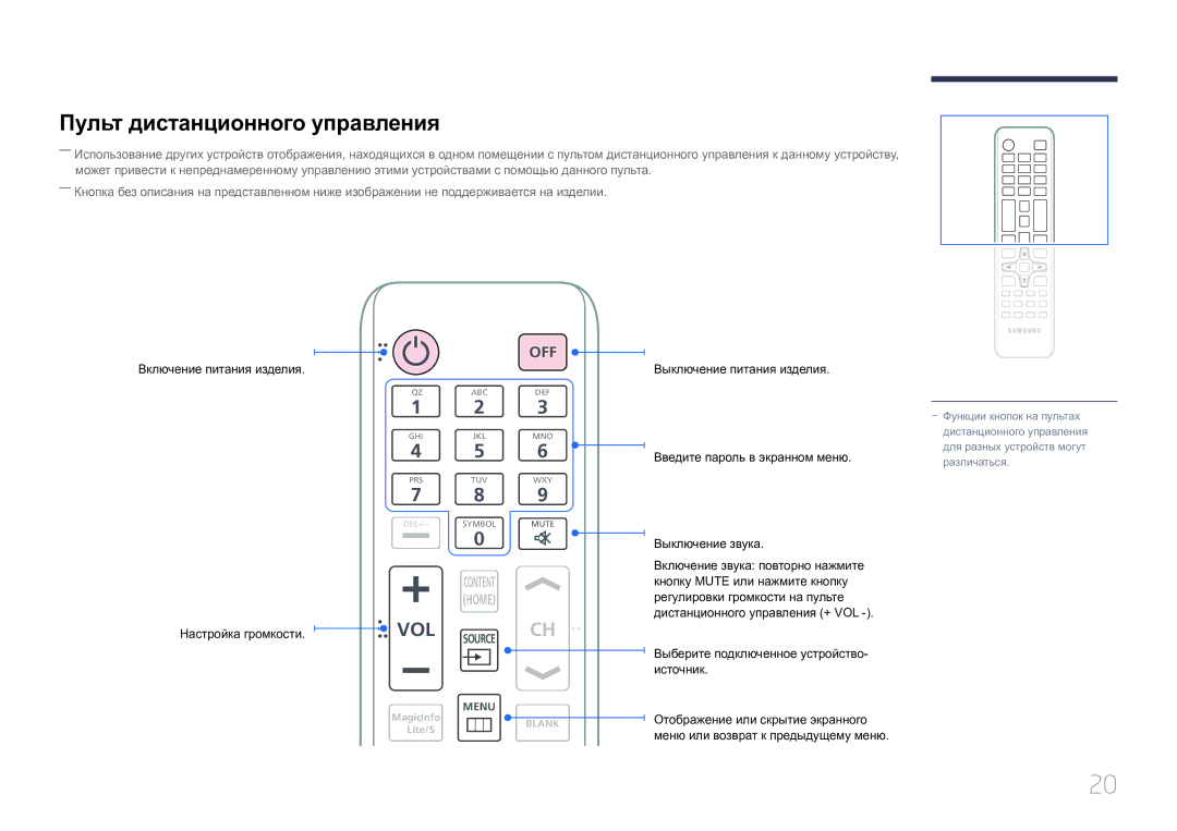 Samsung LH65EDCPRBC/EN, LH75EDCPLBC/EN, LH65EDCPLBC/EN manual Пульт дистанционного управления, Off 