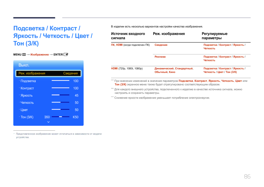 Samsung LH65EDCPRBC/EN manual Подсветка / Контраст / Яркость / Четкость / Цвет / Тон З/К, Menu m Изображение Enter 