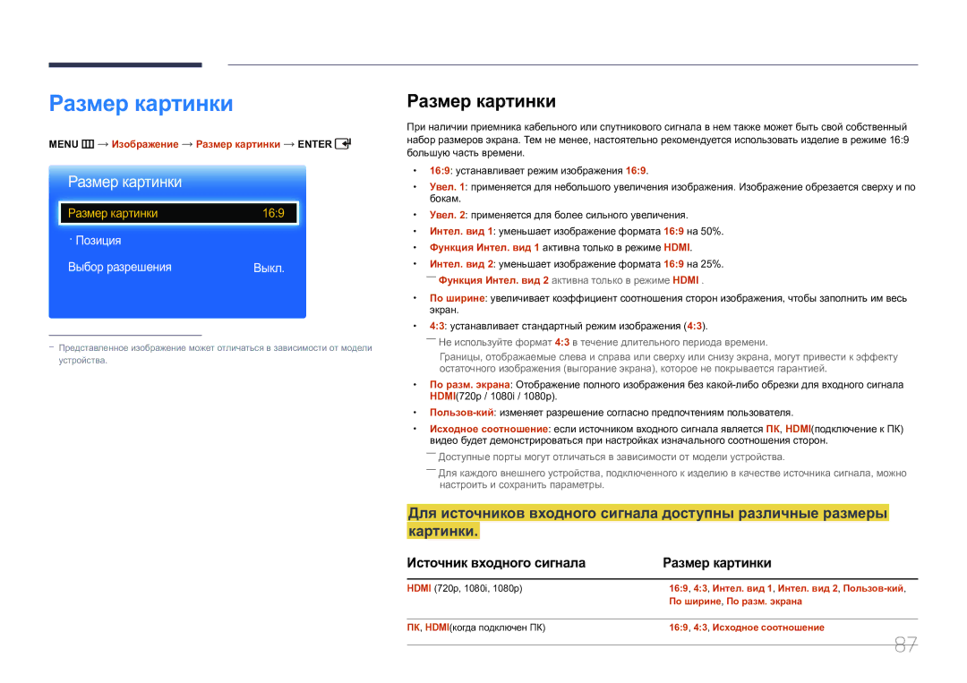 Samsung LH75EDCPLBC/EN, LH65EDCPLBC/EN manual Источник входного сигнала Размер картинки, · Позиция Выбор разрешения Выкл 