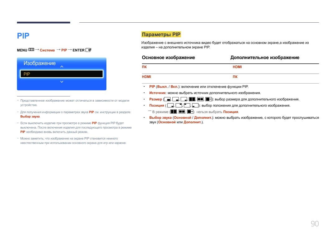 Samsung LH75EDCPLBC/EN manual Параметры PIP, Основное изображение Дополнительное изображение, Menu m Система PIP Enter 