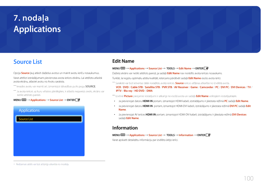 Samsung LH65EDCPLBC/EN, LH75EDCPLBC/EN, LH65EDCPRBC/EN manual Applications, Source List, 100, Edit Name, Information 