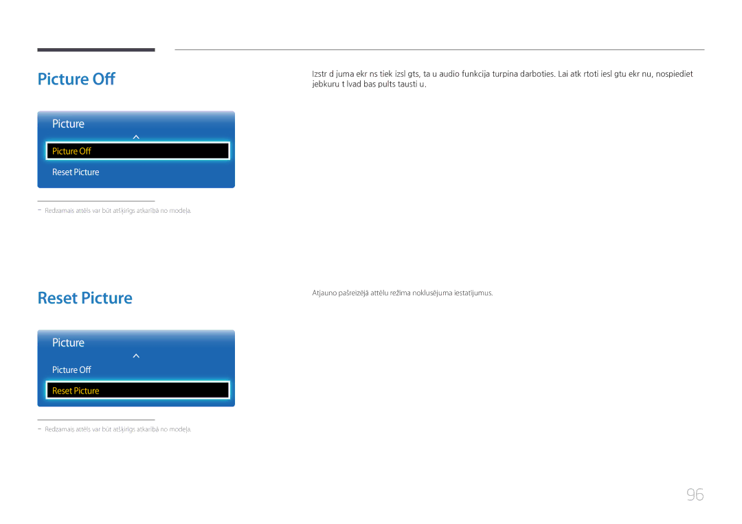 Samsung LH75EDCPLBC/EN, LH65EDCPLBC/EN, LH65EDCPRBC/EN manual Picture Off, Reset Picture 