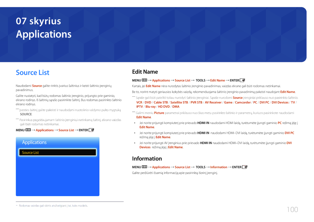 Samsung LH65EDCPLBC/EN, LH75EDCPLBC/EN, LH65EDCPRBC/EN manual Applications, Source List, 100, Edit Name, Information 