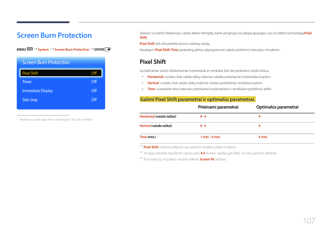 Samsung LH65EDCPRBC/EN manual Screen Burn Protection, 107, Galimi Pixel Shift parametrai ir optimalūs parametrai 