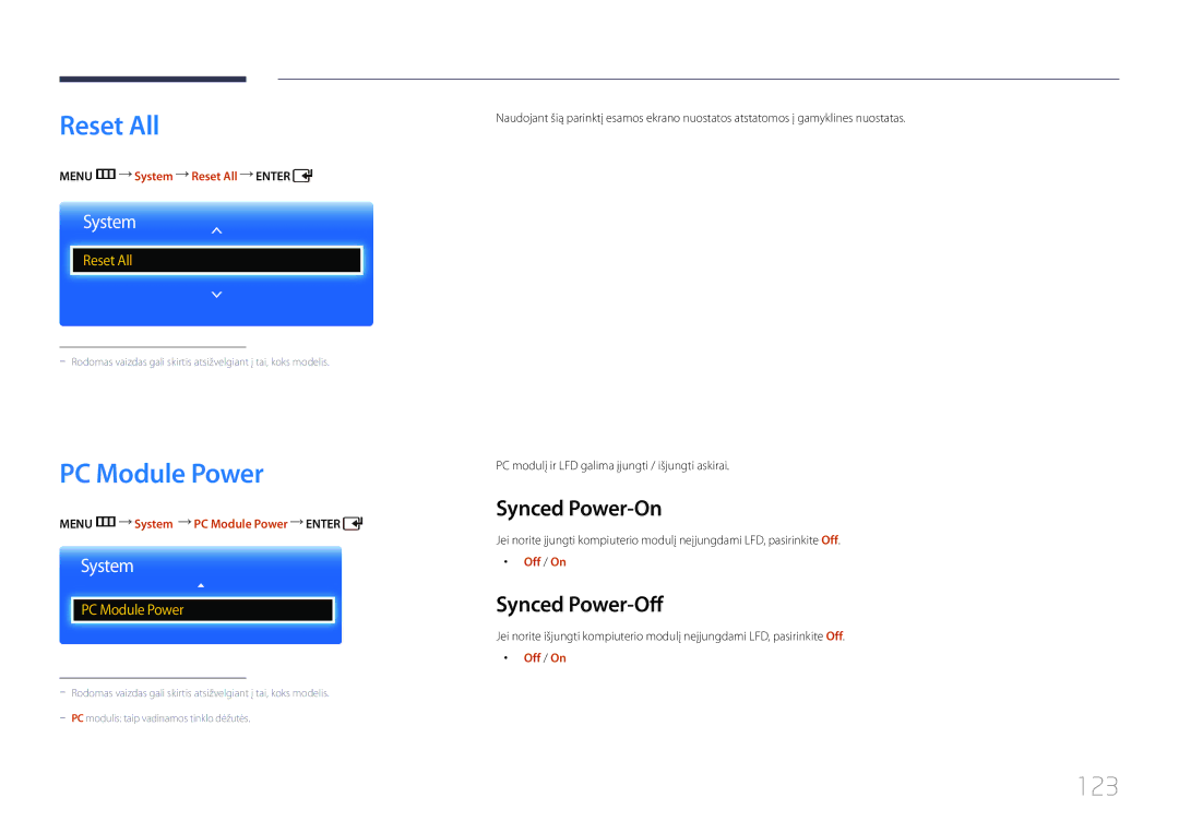 Samsung LH75EDCPLBC/EN, LH65EDCPLBC/EN, LH65EDCPRBC/EN Reset All, PC Module Power, 123, Synced Power-On, Synced Power-Off 