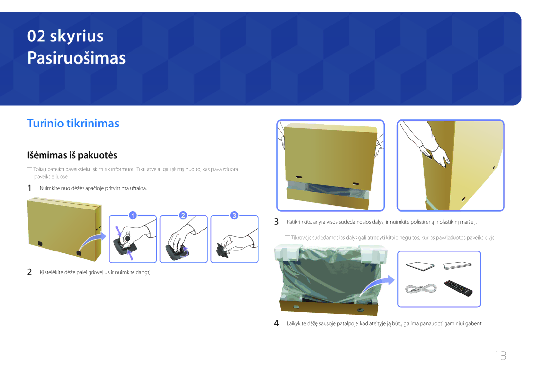 Samsung LH65EDCPLBC/EN, LH75EDCPLBC/EN, LH65EDCPRBC/EN manual Pasiruošimas, Turinio tikrinimas, Išėmimas iš pakuotės 