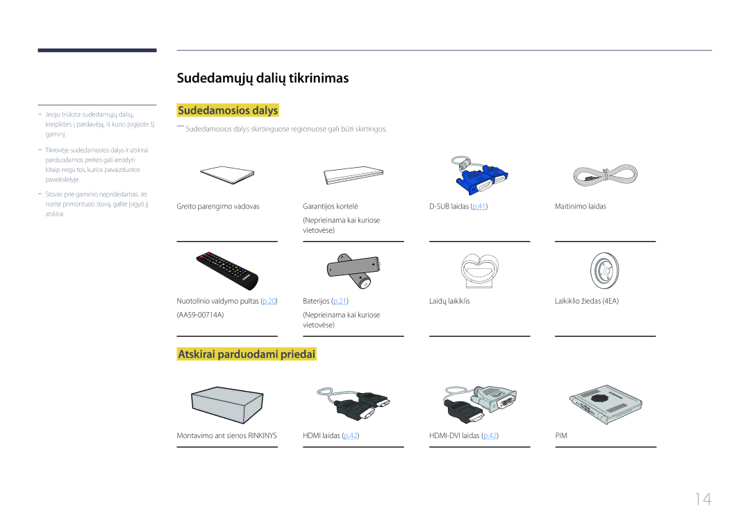 Samsung LH65EDCPRBC/EN, LH75EDCPLBC/EN manual Sudedamųjų dalių tikrinimas, Sudedamosios dalys, Atskirai parduodami priedai 