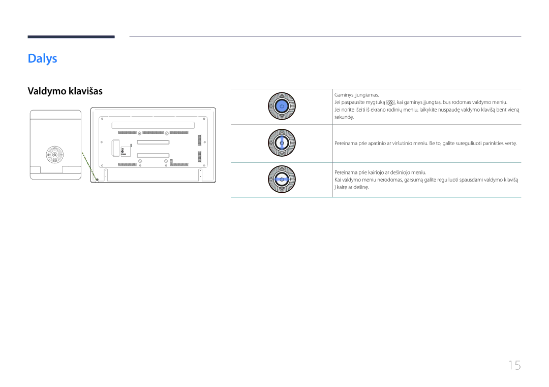 Samsung LH75EDCPLBC/EN, LH65EDCPLBC/EN, LH65EDCPRBC/EN manual Dalys, Valdymo klavišas 