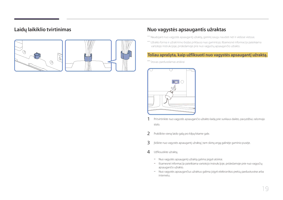 Samsung LH65EDCPLBC/EN, LH75EDCPLBC/EN, LH65EDCPRBC/EN manual Laidų laikiklio tvirtinimas, Nuo vagystės apsaugantis užraktas 