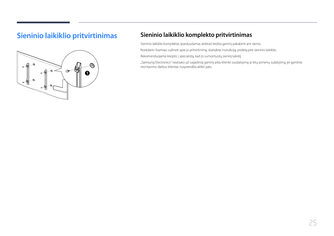 Samsung LH65EDCPLBC/EN, LH75EDCPLBC/EN manual Sieninio laikiklio pritvirtinimas, Sieninio laikiklio komplekto pritvirtinimas 