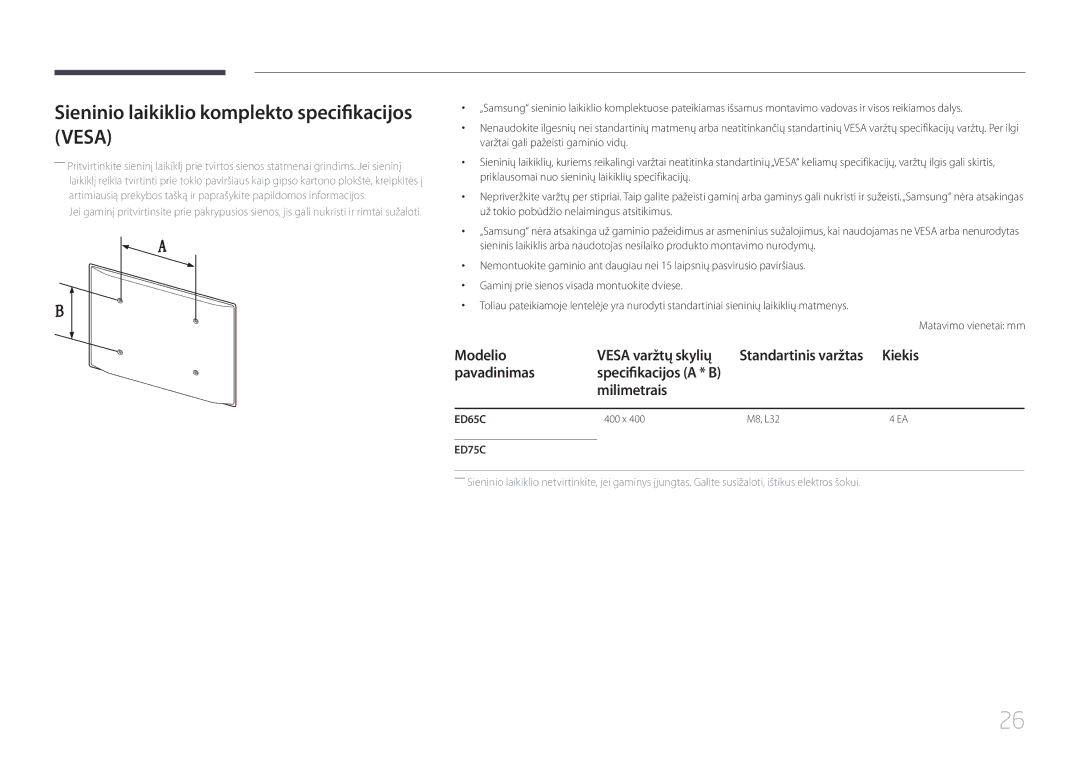 Samsung LH65EDCPRBC/EN Sieninio laikiklio komplekto specifikacijos Vesa, Modelio Vesa varžtų skylių, Kiekis, Pavadinimas 