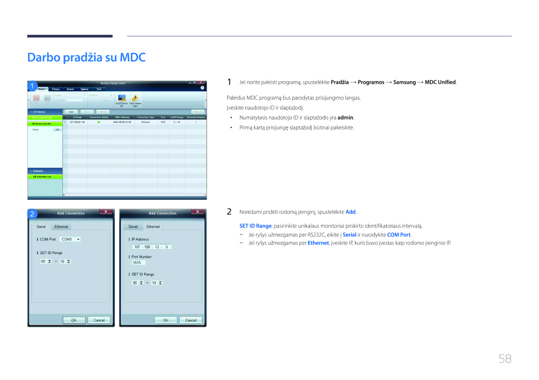 Samsung LH65EDCPLBC/EN, LH75EDCPLBC/EN, LH65EDCPRBC/EN manual Darbo pradžia su MDC 