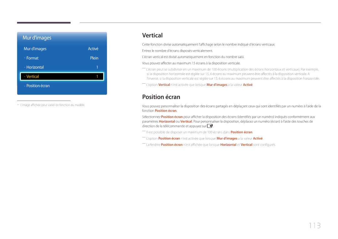 Samsung LH65EDCPLBC/EN, LH75EDCPLBC/EN manual 113, Vertical, Position écran 