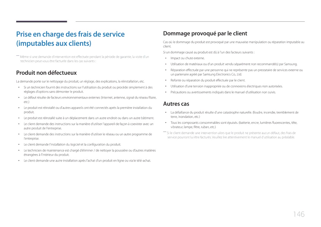 Samsung LH75EDCPLBC/EN, LH65EDCPLBC/EN manual 146, Produit non défectueux, Dommage provoqué par le client, Autres cas 