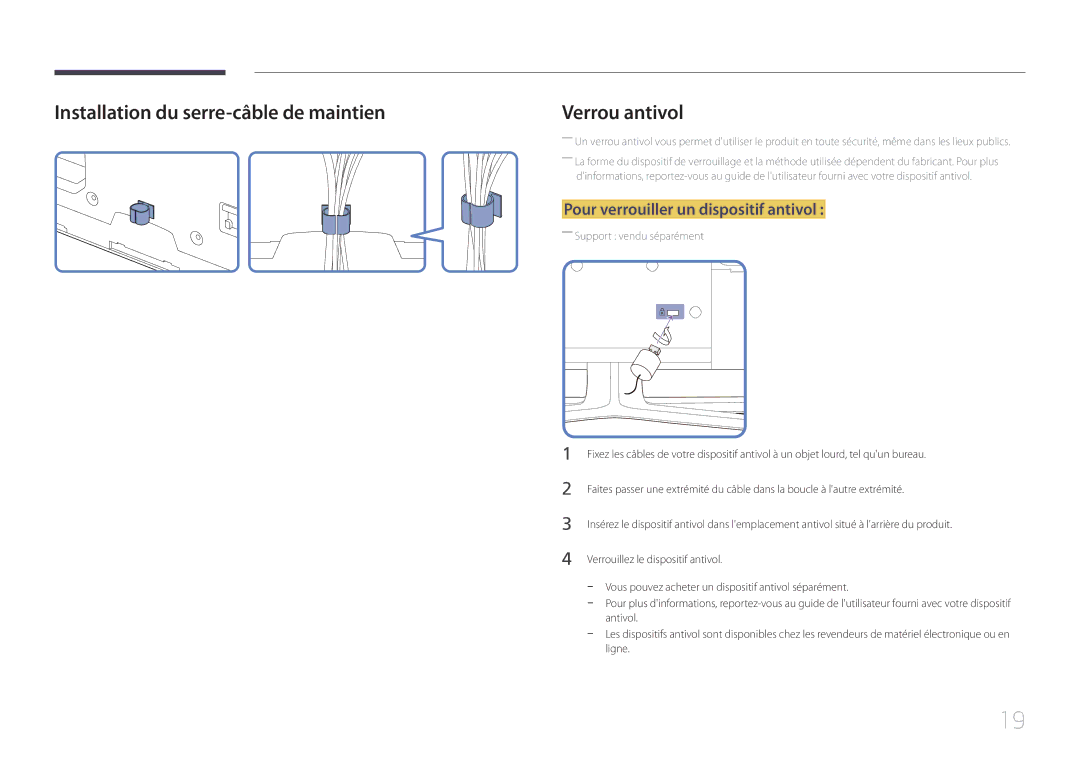 Samsung LH65EDCPLBC/EN, LH75EDCPLBC/EN Installation du serre-câble de maintien, Pour verrouiller un dispositif antivol 