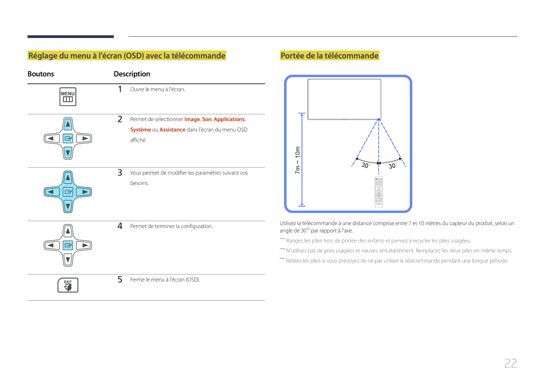 Samsung LH75EDCPLBC/EN Réglage du menu à lécran OSD avec la télécommande, Portée de la télécommande, BoutonsDescription 