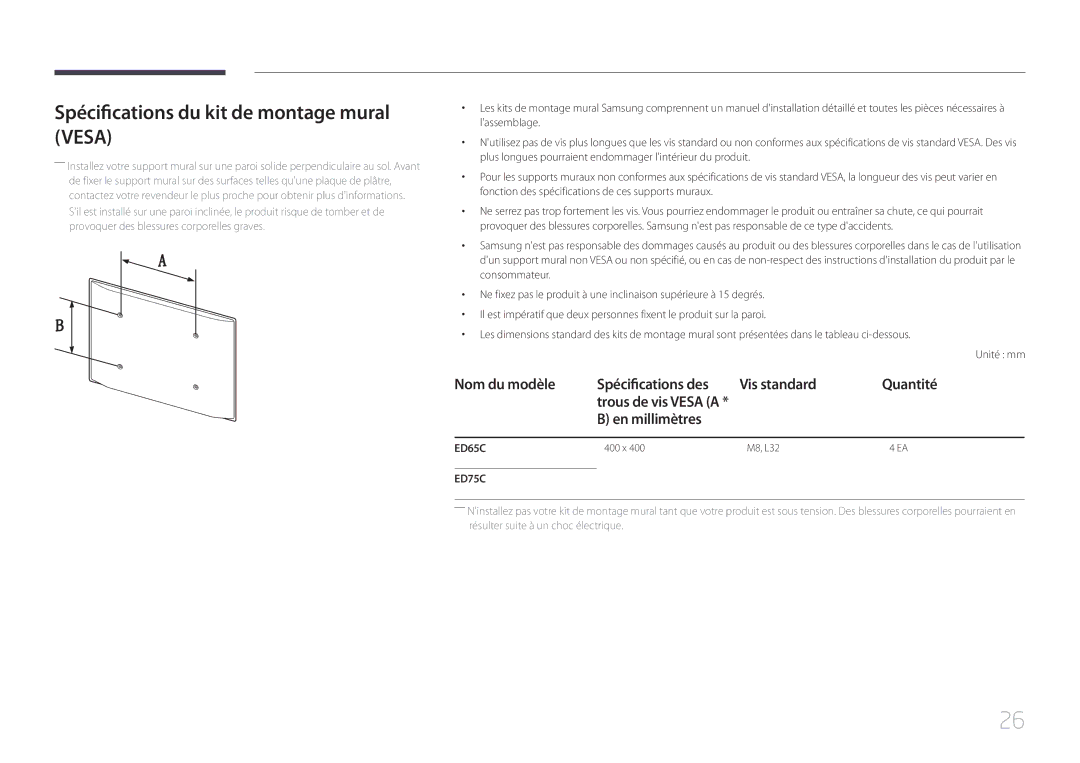 Samsung LH75EDCPLBC/EN Spécifications du kit de montage mural Vesa, Nom du modèle Spécifications des Vis standard Quantité 