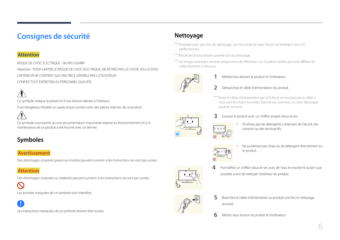 Samsung LH75EDCPLBC/EN, LH65EDCPLBC/EN manual Consignes de sécurité, Nettoyage, Symboles 