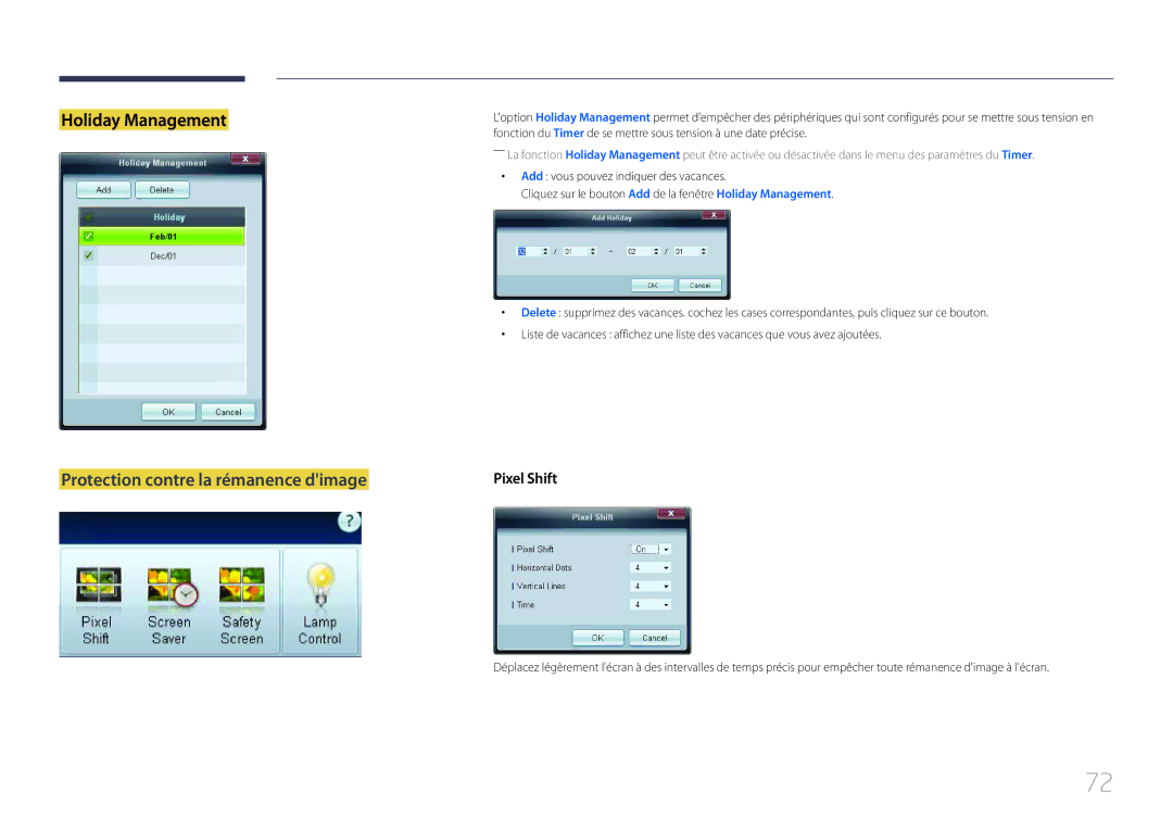 Samsung LH75EDCPLBC/EN, LH65EDCPLBC/EN manual Holiday Management, Protection contre la rémanence dimage 