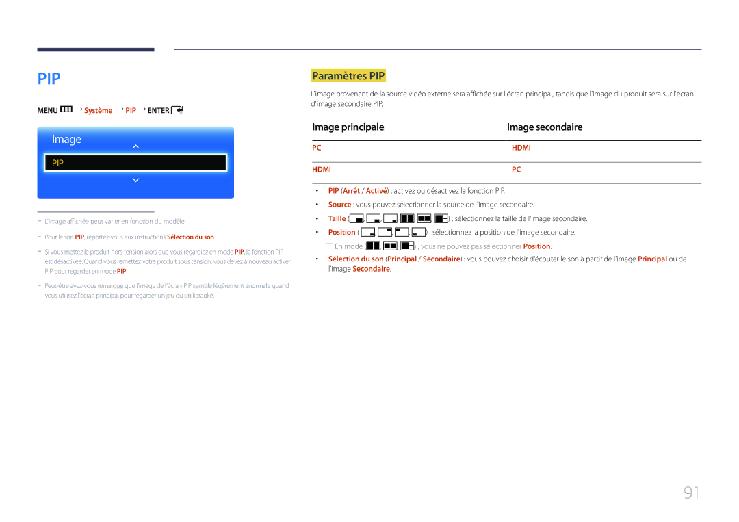 Samsung LH65EDCPLBC/EN, LH75EDCPLBC/EN manual Paramètres PIP, Image principale Image secondaire, Menu m Système PIP Enter 