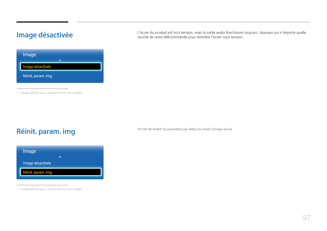 Samsung LH65EDCPLBC/EN, LH75EDCPLBC/EN manual Image désactivée, Réinit. param. img 