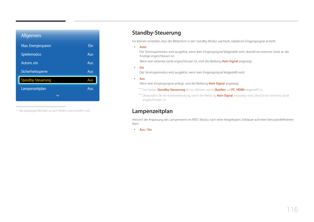 Samsung LH75EDCPLBC/EN, LH65EDCPLBC/EN 116, Standby-Steuerung, Lampenzeitplan, Max. Energiesparen Ein Spielemodus, Auto 