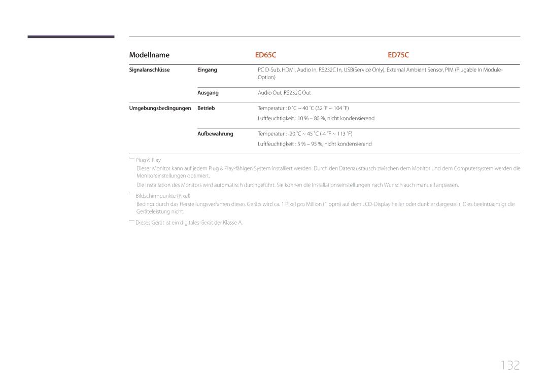 Samsung LH75EDCPLBC/EN, LH65EDCPLBC/EN manual 132, Signalanschlüsse Eingang, Ausgang, Betrieb, Aufbewahrung 