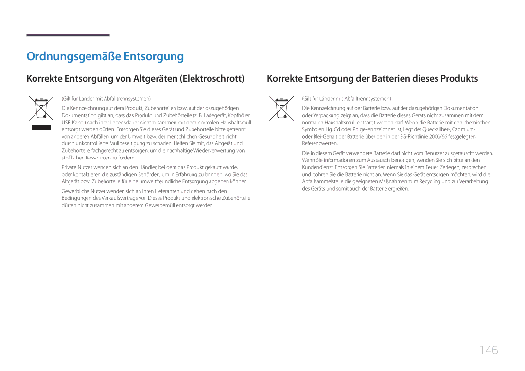 Samsung LH75EDCPLBC/EN, LH65EDCPLBC/EN Ordnungsgemäße Entsorgung, 146, Korrekte Entsorgung der Batterien dieses Produkts 