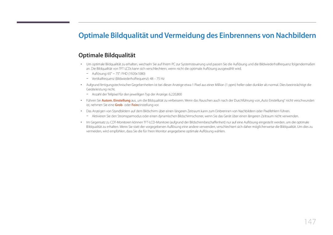 Samsung LH65EDCPLBC/EN, LH75EDCPLBC/EN manual 147, Optimale Bildqualität 