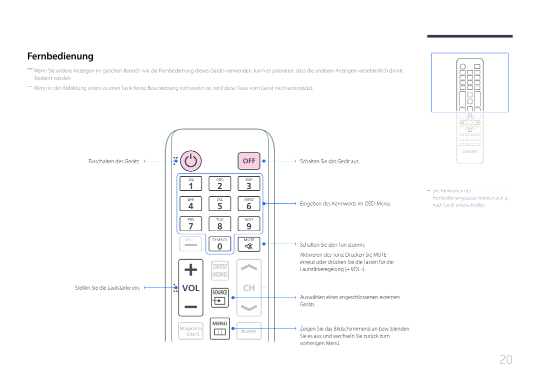 Samsung LH75EDCPLBC/EN, LH65EDCPLBC/EN manual Fernbedienung, Einschalten des Geräts 